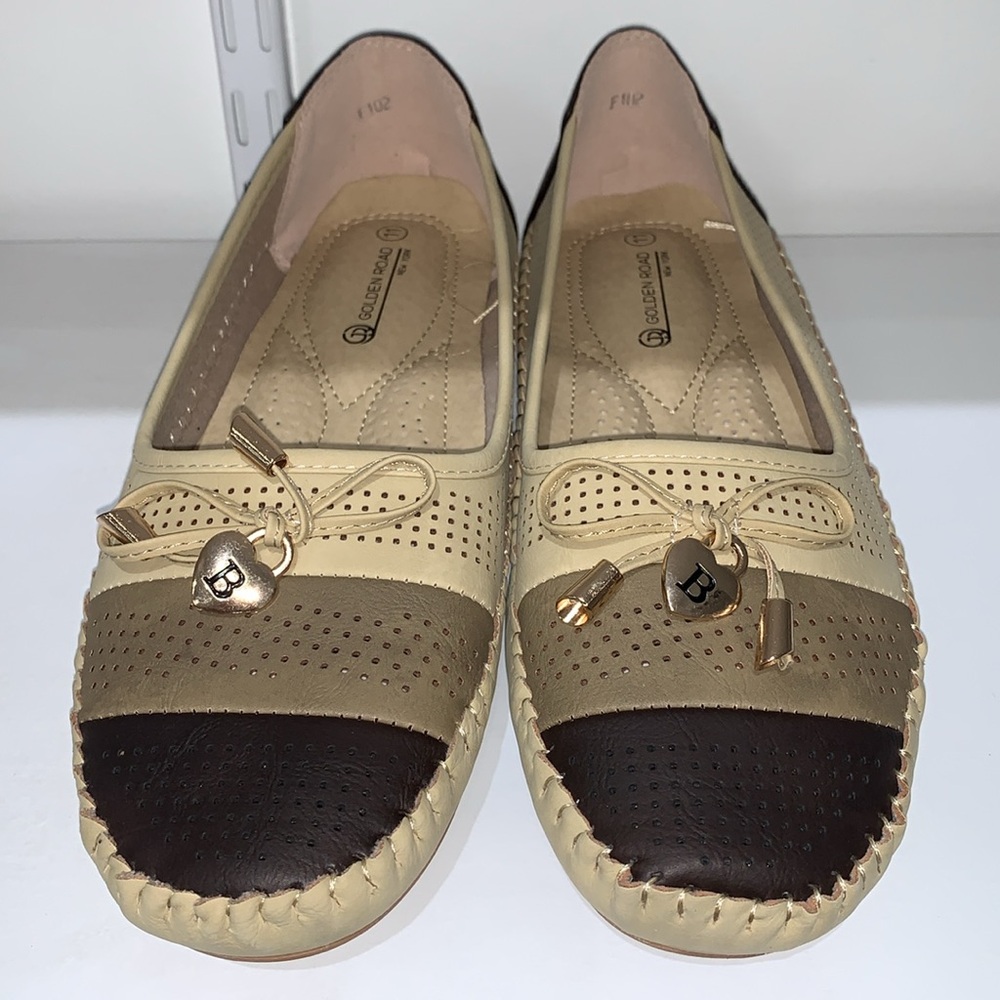 KHAKI STRIPE BOW HEART COMFORTABLE MOCCASINS